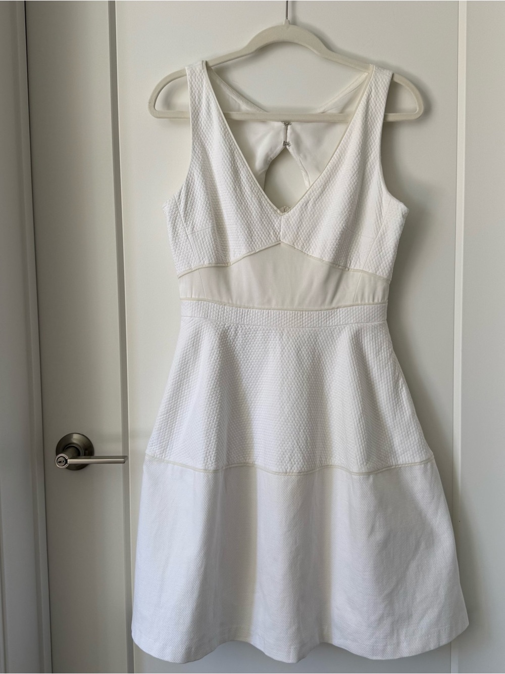 REISS White Textured Fit & Flare Dress Keyhole Back US 6